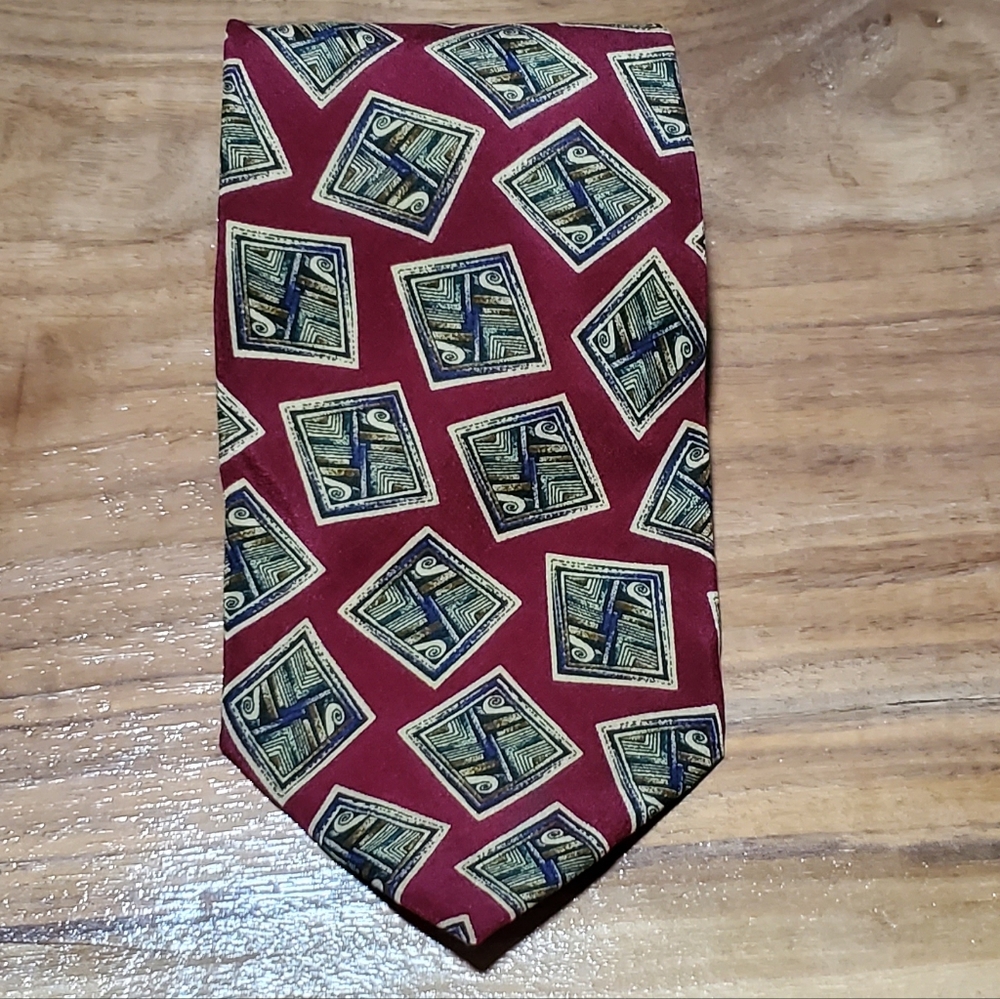 Lord & Taylor Geometric Patterned Red Tie 100% Silk